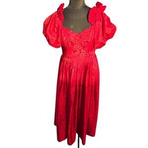 Vtg 80's Retro Formal Evening Prom Red Floral Satin Puff Sleeve Dress Gown
